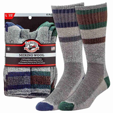 Railroad Sock Mens Crew Socks, 5% Merino Wool, 40% Acrylic, 13% Stretch Nylon, 2% Elastic, 6-12 M, 6 PK 2846