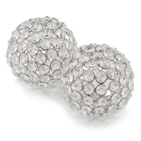 Homeroots Set of Two Clear And Silver Faux Crystal And Steel Decorative Orb Tabletop Sculptures, 2PK 373744
