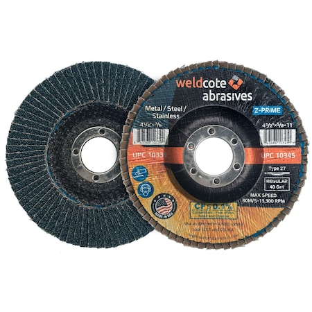 Z-Prime Premium Zirconia XL Flap Discs - Phenolic Back, T27, 4-1/2in x 7/8, Grit 40, 10PK 10362