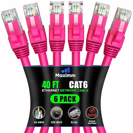 Maximm Cat6 Ethernet Cable 40ft 10Gbps 550MHz UTP, 6PK, Pink, 6PK CAT6-CCA-40FTPINK-6PK