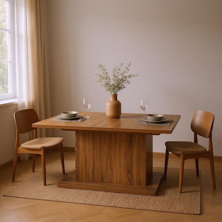 Homeroots 63" Brown Wood Self-Storing Leaf Pedestal Base Extendable Dining Table 568201