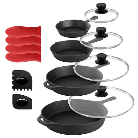 Megachef 13 Piece Cast Iron Skillet Set with Tempered Glass Lids and Silicone Holders MCCI-7400