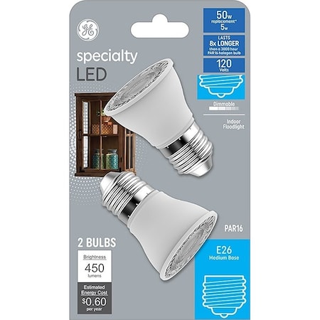 Ge Industrial Solutions 29076 LED Bulb, Flood/Spotlight, PAR16 Lamp, 50 W Equivalent, E26 Lamp Base, Dimmable, Clear, 2PK 14038/93130493