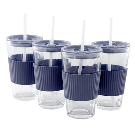 Mr. Coffee Sip Savvy 4 Piece 15 Ounce Silicone Sleeve Glass Cup Set w/ Lid and Straw in Navy 750123589M