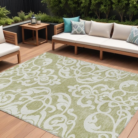 Homeroots 9' X 12' Sage And Ivory Damask Washable Indoor Outdoor Area Rug 614399