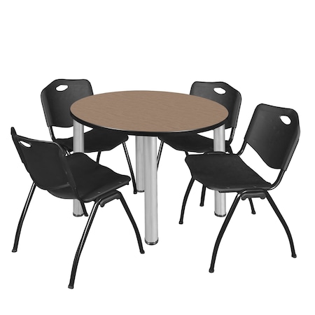 Regency Round Kee Breakroom Table W/ 4 M Stack Chairs, 36 in W, 36 in L, Noble Oak TB36RNDNOBPCM47BK