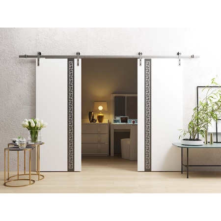 Sartodoors Double Barn Door 36 x 96 inches, Planum 0333 White Silk with Black Inserts and Frosted Glass, 13FT PLANUM0333DB-S-WS-3696