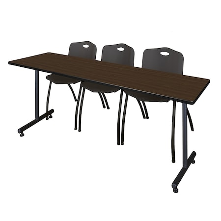 Regency Kobe T-Base Training Seminar Table W/ 2 M Stack Chairs, 84 in W, 24 in L, Neo Walnut MKTRCT8424NW47BK