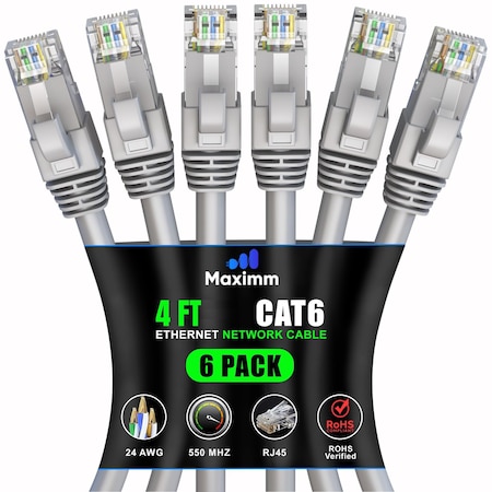 Maximm Cat6 Ethernet Cable 4ft 10Gbps 550MHz UTP, 6PK, Gray, 6PK CAT6CCA-4GR-6PK