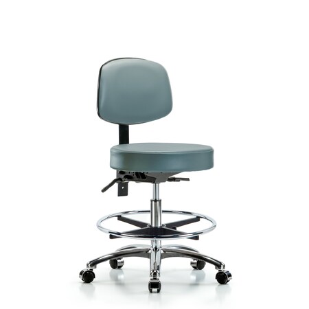 Blue Ridge Ergonomics Vinyl Stool, Back, Chrome, Med Bench, Tilt, Foot Ring, Casters, Storm BR-VMBST-CR-T1-CF-CC-8822