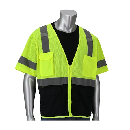 Pip ANSI Type R Class 3 Five Pocket Value Mesh Vest with Black Bottom Front 303-0710B-LY/2X