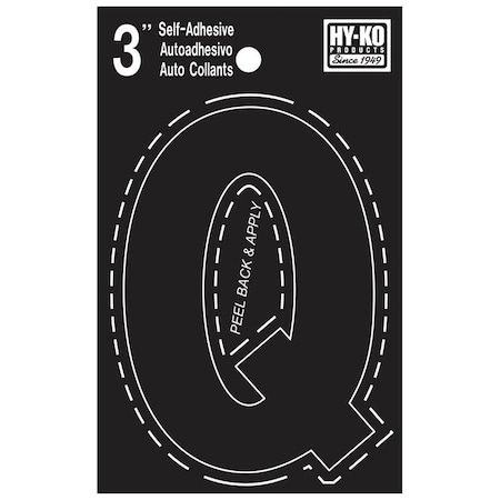 Hy-Ko 30400 Series Die-Cut Letter, Character: Q, 3 in H Character, Black Character, Vinyl 30427