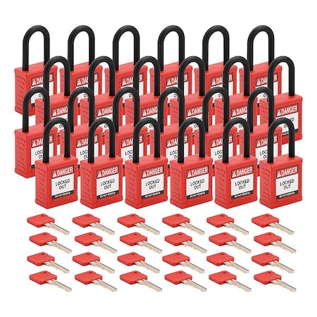 Brady Padlock, Keyed Different, Nylon, Red, 1 1/2 in Shackle Height, 1 1/2 in Body Width, PK24 SDPL-RED-38PL-KD24