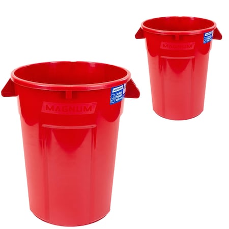 Magnum Tool 32 Gallon Trash Can, High-Vis Red, Construction Grade, Heavy Duty Plastic (2 Pack) CMTC-C000-32R02