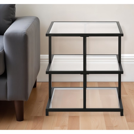 Homeroots 24" Black And Clear Glass And Steel Square End Table With Two Shelves 544185