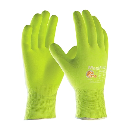 Atg Hi-Vis Seamless Knit Nylon/Elastane Glove w/Nitrile Coated MicroFoam Grip on Palm&Fingers, Tou, 12PK 34-874FY/XL