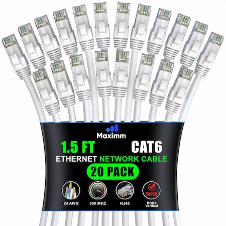 Maximm Cat6 Ethernet Cable 1.5ft 10Gbps 550MHz UTP, 20PK, White, 20PK WH20PK03