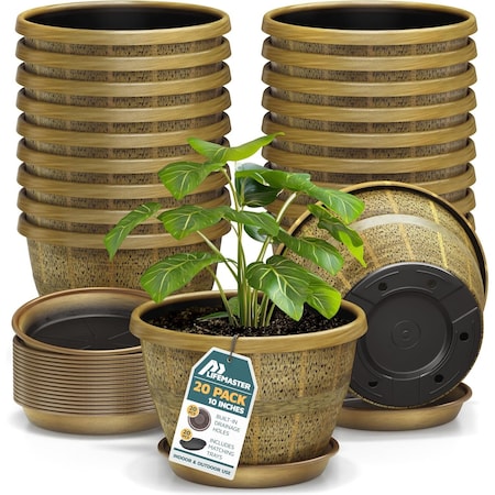 Lifemaster 10-Inch Whiskey Barrel Planters, Durable Plastic Pots with Drainage and Saucers, 20PK LMPBP20GOD20