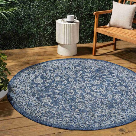 Jonathan Y Tela Bohemian Textured Weave Floral Navy/Gray 9 ft Round Indoor/Outdoor Area Rug SMB100B-9R