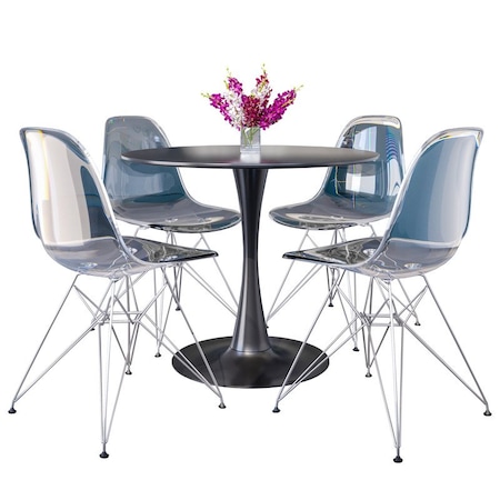 Leisuremod Bristol 5-Piece Modern Dining Set: Round MDF Table & 4 Eiffel Plastic Chairs with Chrome Legs, 5PK BTBL-35BL-CR19CL4