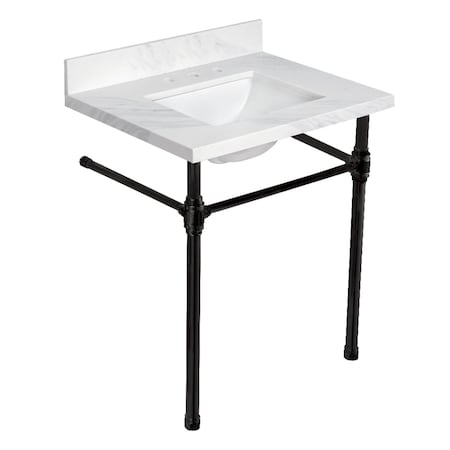 Kingston Brass 31" Quartz Console Sink with Brass Legs, 8-Inch, 3-Hole, Quartz White/Matte Black KVPB3122W38CLV0