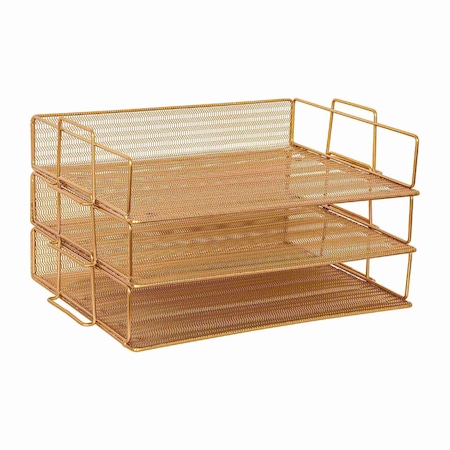 Martha Stewart Ryder 3 Tier Gold Desk Stackable Letter Tray Organizer, Steel Mesh, Tray for Files/Papers/Letters HH-OHD01-3-GLD-MS