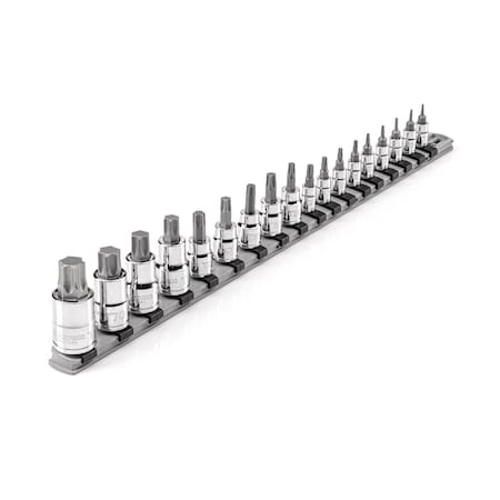 Tekton 1/4, 3/8, 1/2 Inch Drive Torx Bit Socket Set with Rail, 18-Piece T6-T80 SHB99103