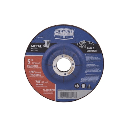 Century Drill & Tool Abrasive Cut-Off Wheel, Type 27, 5 in Dia, 1/4 in Thick, 7/8 in Arbor Hole Size, Aluminum Oxide 75547