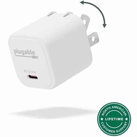 Plugable GaN USB C Charger Block, 30W Portable Charger, Foldable Prongs, Fast Charger for iPhone 15, iPad PS-30C1W
