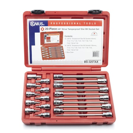 Genius Tools 20PC 3/8in Dr. Long Tamperproof Star Bit Socket Set BS-320TAX