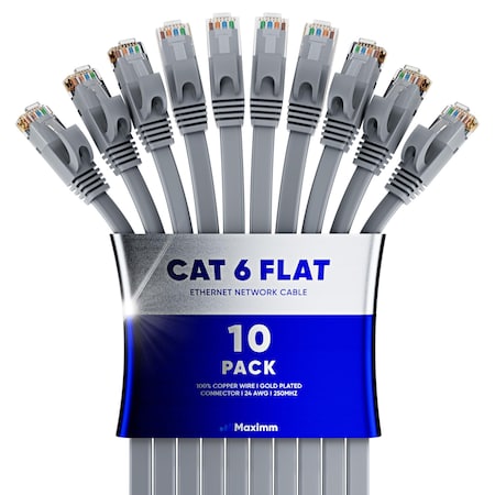 Maximm Cat6 Flat Ethernet Cable 50ft, 10PK, Gray, 10PK CAT6F-50GR10PK