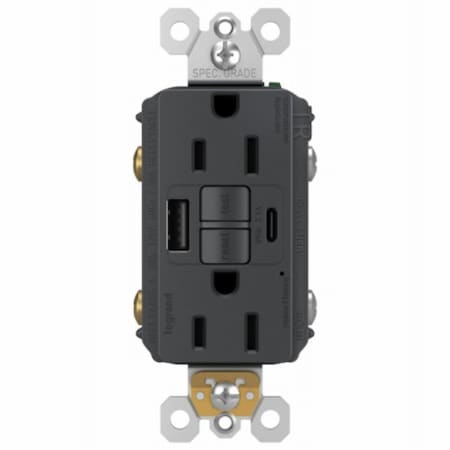 Legrand radiant Self-Test GFCI USB Outlet, 2-Pole, 15/2.1 A, 125 VAC, 1-Gang, 2-USB Port, Graphite 1597TRUSBACGC4