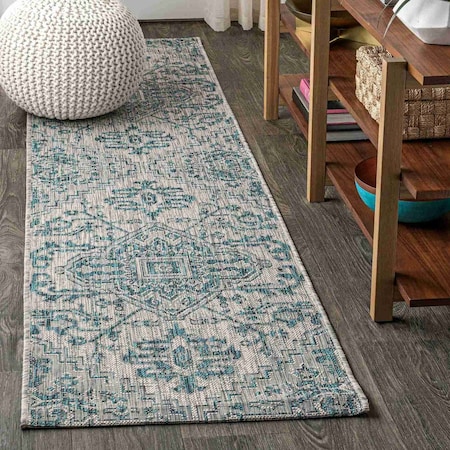 Jonathan Y Estrella Bohemian Medallion Textured Weave Teal/Gray 2 ft. x 8 ft. Indoor/Outdoor Runner Rug SMB105C-28