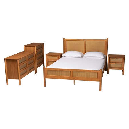 Baxton Studio Jenn Golden Brown Wood Japandi 5-Piece Queen Size Bedroom Set with Distressed-Finished Rattan 253-13897-13946-13946-13947-13948-ZORO