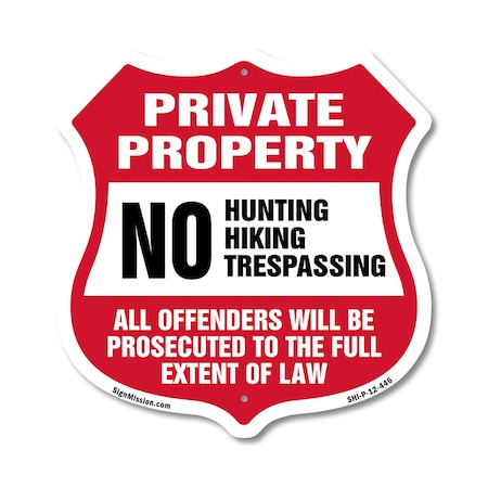 Signmission Private Property Shield Sign No Hunting, 12 Inch X 12 Inch, Plastic Sign SHI-P-12-446