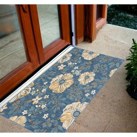 Homeroots 2' X 3' Blue White and Yellow Floral Stain Resistant Indoor Outdoor Area Rug 548890