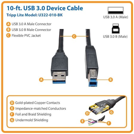 Tripp Lite USB 3.0 SuperSpeed Cable USB Type-A to USB Type-B M/M Black 10ft U322-010-BK