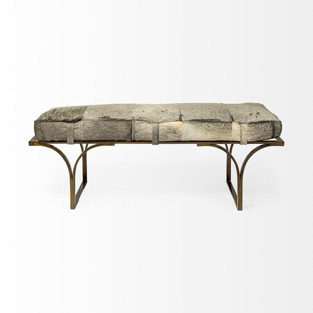 Homeroots 55in Gray and Antiqued Brass Faux Fur Upholstery Bench 376190
