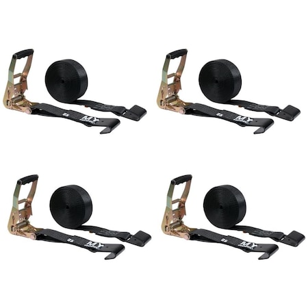 Mytee Products 2in x 30ft Black Ratchet Straps w/ Flat Hooks 3333 lbs WLL Tie Down Strap, 4PK RS230BLKx4