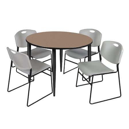 Regency Round Kahlo Breakroom Table W/ 4 Zeng Stack Chairs, 48 in W, 48 in L, Noble Oak TPL48RNDNOBK44GY