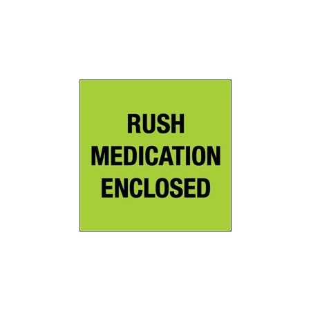 Bubblefast 4 x 4'' - ''Rush - Medication Enclosed'' Fluorescent Green Labels BFDL1338