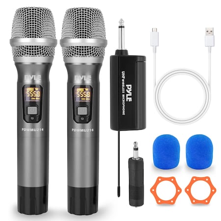 Pyle PyleUHF Wireless Microphone System Kit - Dual, Battery Operated, Handheld, PA Karaoke DJ PDWMU214