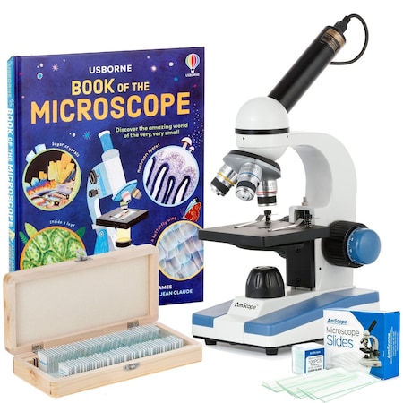Amscope M150 Portable Student Monocular Compound Microscope 40X-1000X w/LED, 1MP USB Eyepiece Camera, 50 Prep M150C-PS50-WM-50P100S-E