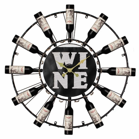 Vintiquewise Large Clock Wall-Mount Metal Wine Shelf - 24-Bottle Rack with Mesh Cork Basket and LED Light - QI004687