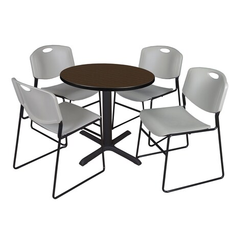Regency Round Cain Breakroom Table W/ 4 Zeng Stack Chairs, 30 in W, 30 in L, Neo Walnut TB30RNDNW44GY