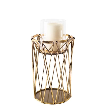 Homeroots 8" Antiqued Brass Distressed Geometric Metal And Glass Tabletop Hurricane Candle Holder 608518