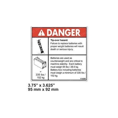 Jlg REPLACEMENT DECAL, DANGER TIP OVER BATTERY 114360