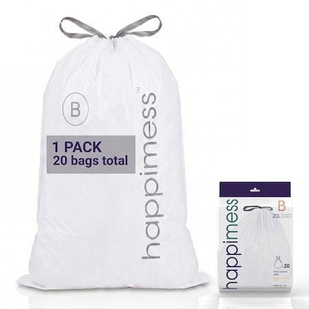 Happimess 5.3-Gallon 20L Drawstring Unscented Trash Can Liner, White, 20-Count, 1 Pack of 20 Liners HPM3000B-W-1SET