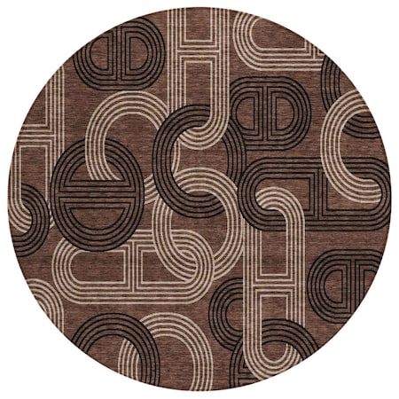 Homeroots 8' Chocolate And Beige Round Geometric Washable Indoor Outdoor Area Rug 614037