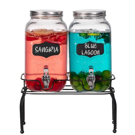 Basicwise 2-Pcs Glass Drink Dispenser Set with Metal Stand, Stainless Steel Spigots and Chalkboard Signs - QI004713.CHK
